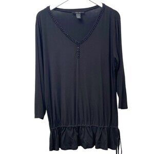 Style & Co. Womens Top Size XL Black Beaded Tunic Tee  V neck Ruffle Hem